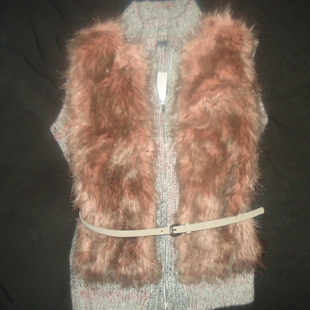 FAUX FUR VEST PINK BELTED WARM WINTER KNIT S M